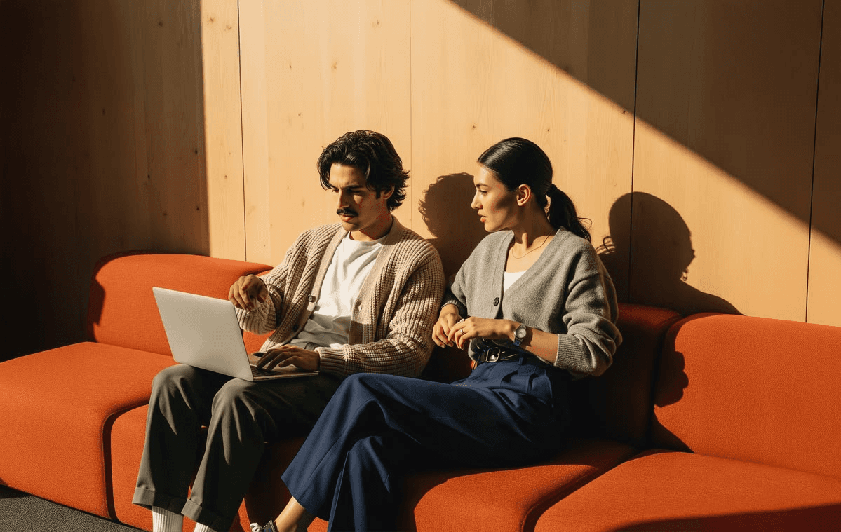 Two colleagues working together on a couch